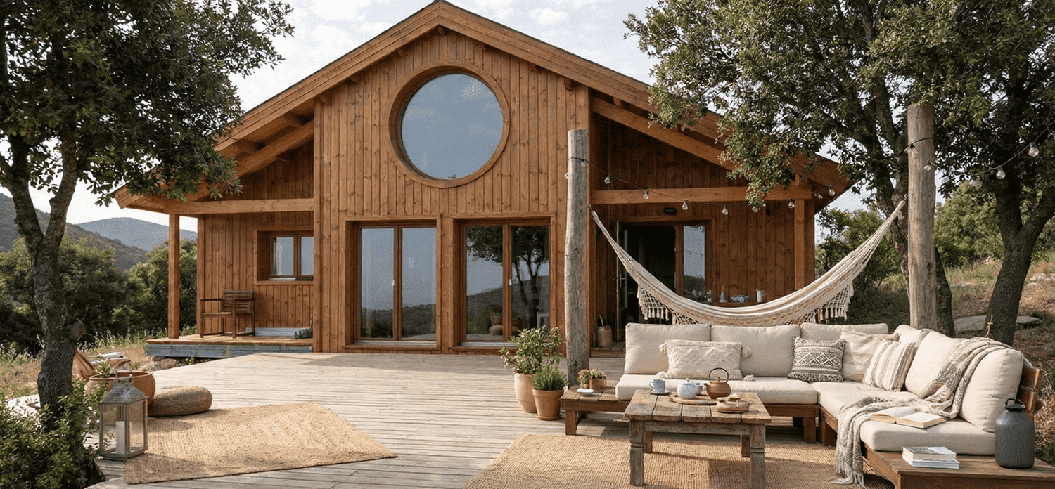 Casa de madera unifamiliar de diseño nórdico color antracita y madera natural con grandes ventanales en la Sierra de Madrid.