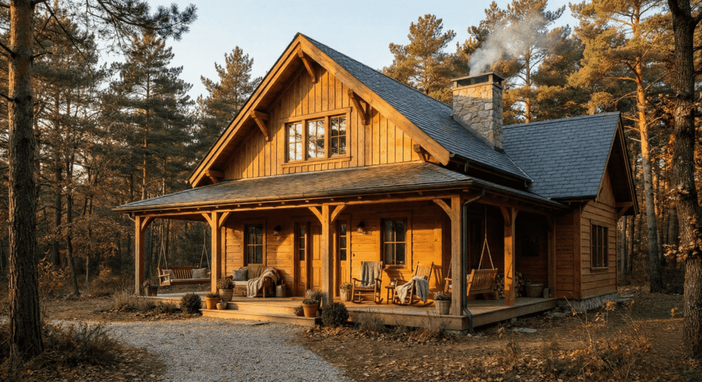 Casa de madera clásica con porche para segunda residencia en Madrid, diseñada para fines de semana en la Sierra.